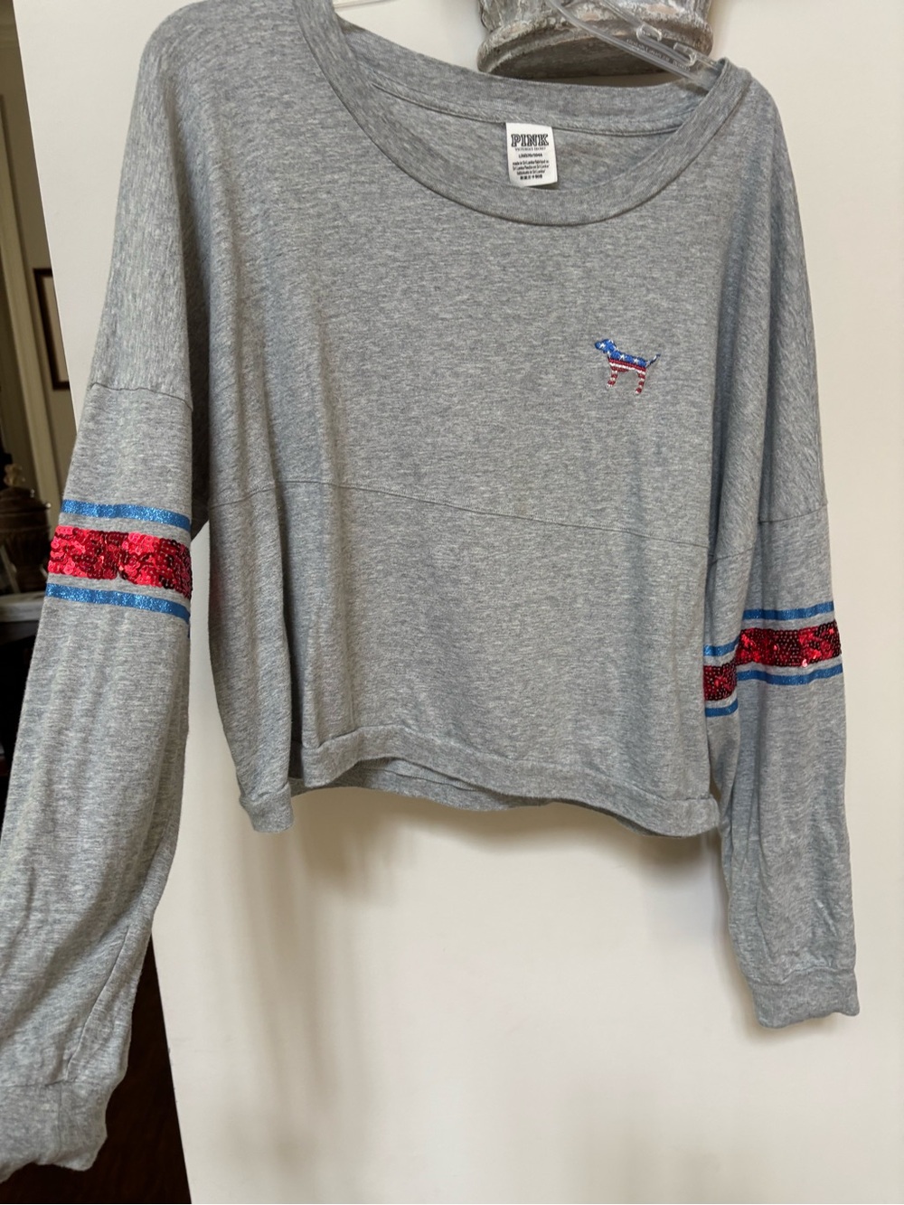PINK Victoria's Secret Gray Long-Sleeve Crop Tee with Sequin Stripes